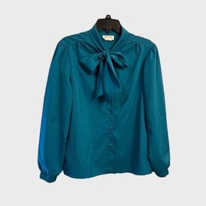 Vintage Neck Tie Button Up Down Puff Sleeve Blouse Top